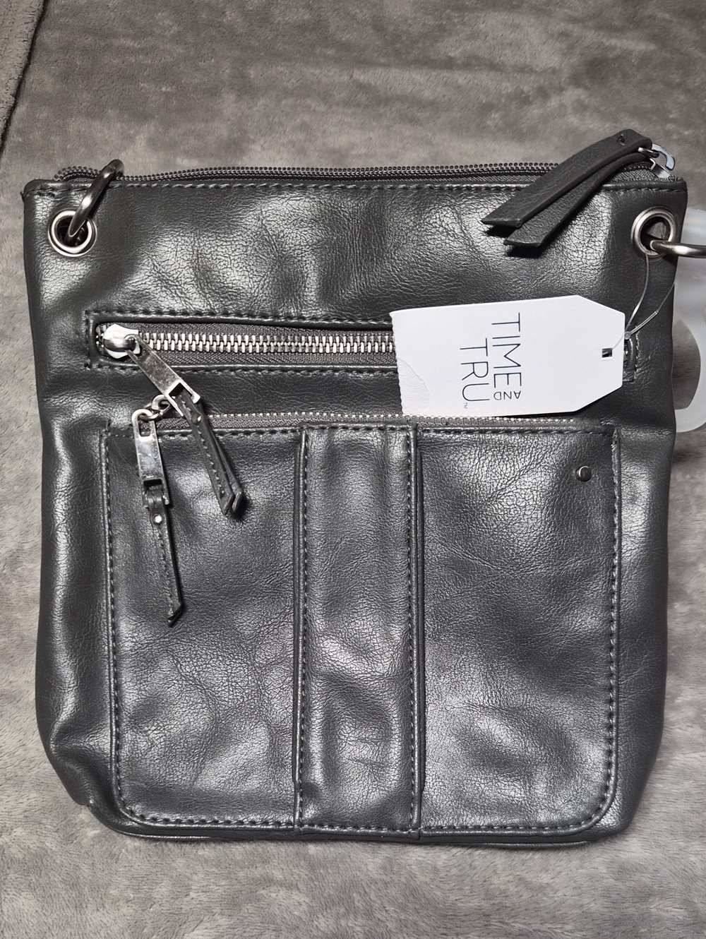 Time and Tru Grey Faux Leather Crossbody Messenger Bag
